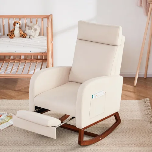 Vista 7 de Silla mecedora para guardería, balancín de respaldo alto con reposapiés, color beige Rocking Chair Nursery with Footrest Storage Pocket