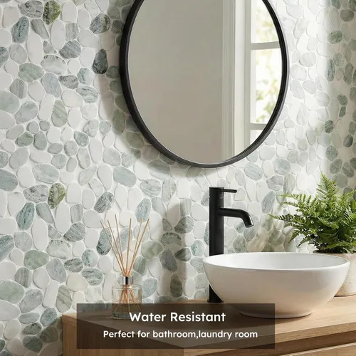 Vista 6 de Diflart Azulejo de piedra natural para suelo de ducha, ovalado verde esmeralda, 4 hojas, mosaico de guijarros en rodajas para cocina, baño, suelo
