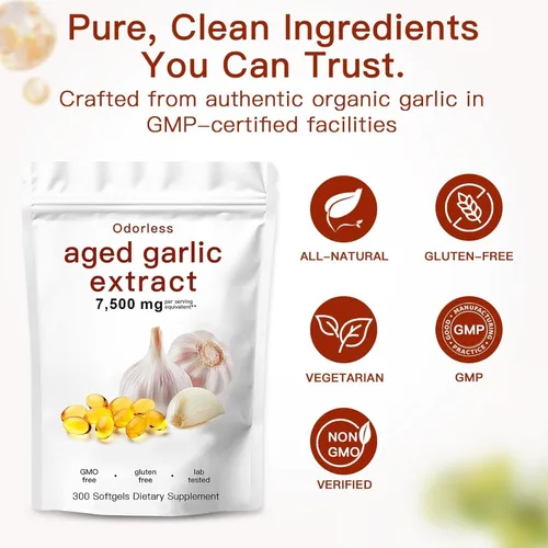 Vista 6 de Extracto de ajo envejecido, 300 unidades, 7500 mg de ajo orgánico inodoro, suplemento para apoyo cardíaco e inmunológico, vegetariano, sin OMG