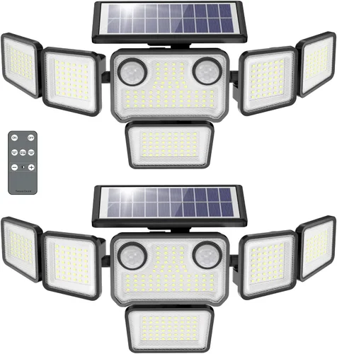 Vista 10 de Luces solares para exteriores, 6000 lm, 284 LED, doble sensor de movimiento, luces solares de 6 cabezales, luces de pared de seguridad, IP65