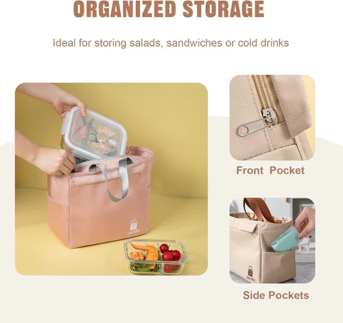 Vista 5 de Bonita bolsa de almuerzo aislada, bolsas Bento personalizadas y coloridas para mujeres, bolsas refrigerantes pequeñas kawaii para almuerzo, tela