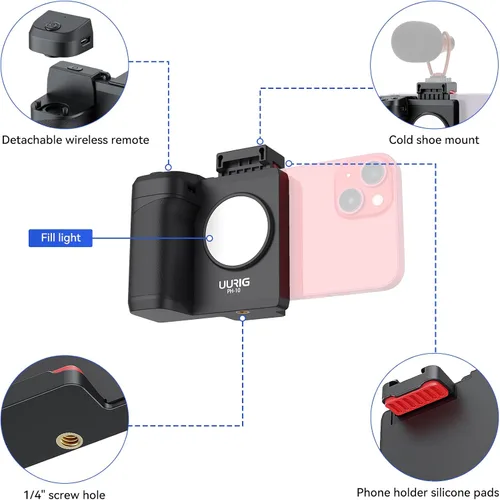 Vista 2 de UURIG PH-14 - Mango de obturador de cámara para teléfono inteligente con control remoto Bluetooth inalámbrico desmontable, luz de relleno ajustable