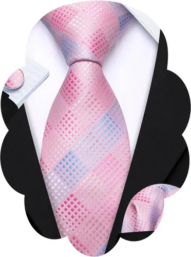 Vista 44 de Barry.Wang Juego de corbatas a cuadros para hombre con pañuelo gemelos de rayas clásicas
