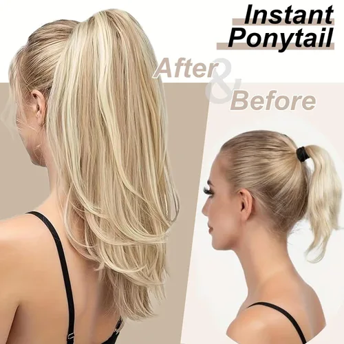 Vista 2 de Extensión de cola de caballo de cabello lacio, mezcla de extensiones de cola de caballo con cordón, rubias para mujer, múltiples capas, sintético