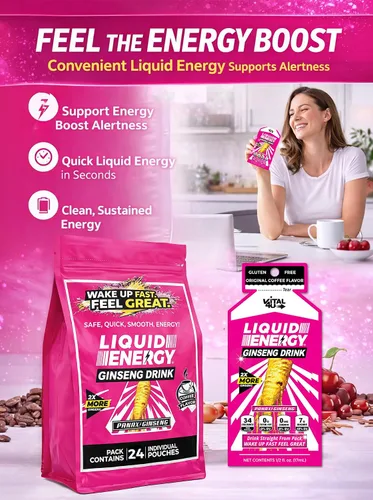 Vista 10 de VITAL 4U Liquid Energy Shot - Bolsas de cafeína listas para beber con Panax ginseng y vitaminas B