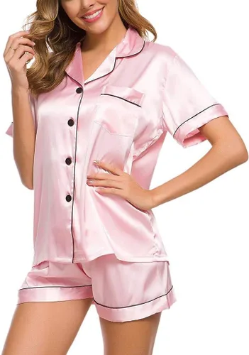 Vista 2 de Conjunto de pijama de satén para mujer, de manga corta, con botones, cuello y ropa de dormir de seda suave