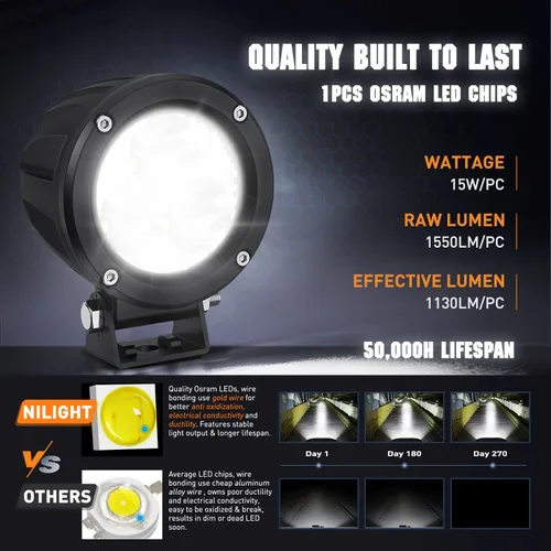 Vista 3 de Nilight Focos LED Redondos de 3 Pulgadas para Motocicleta, 2 Unidades, Focos LED Antiniebla Puntuales de 1550LM con EMC Integrado, Luz Auxiliar