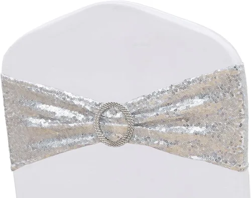 Vista 9 de Bandas de silla doradas totalmente cubiertas de lentejuelas brillantes para bodas, bandas de silla con purpurina brillante y lazos para decoraciones