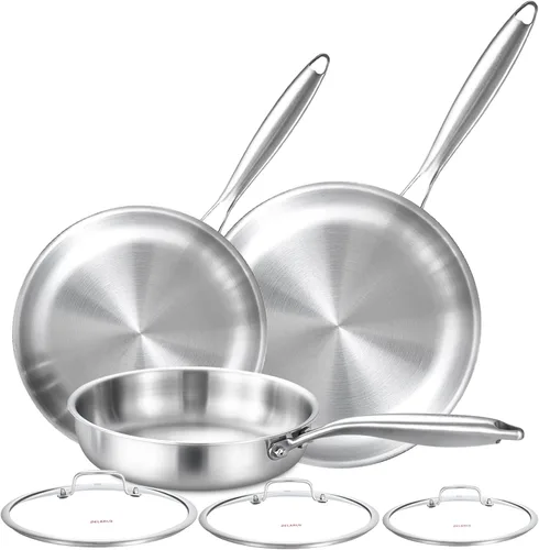 Vista 8 de DELARLO Juego de sartenes de cocina de acero inoxidable de tres capas con tapa de 10.5 pulgadas y 12.5 pulgadas, sartenes grandes de inducción