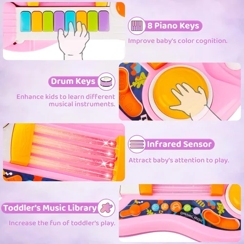 Vista 4 de Guitarra para niños 2 en 1 Instrumentos musicales para niños Piano para niños pequeños Juguete de guitarra eléctrica con correa Juguetes musicales