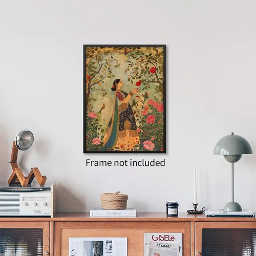 Vista 3 de Haitunone Arte de pared de mujer india paquistaní tradicional, póster de pintura floral feminista estilo mogol, impresiones en lienzo para sala