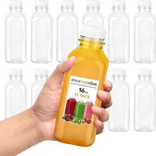 Vista 9 de Botellas de jugo de 12 onzas con tapas para jugo (paquete de 12) – Botellas de agua de plástico vacío transparente reutilizables – Contenedores