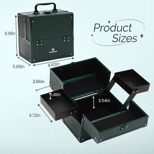 Vista 2 de Estuche de Maquillaje 2 Bandejas Caja Organizadora de Maquillaje Estuche de Maquillaje de Viaje Portátil con Cerradura Organizador de Almacenamiento