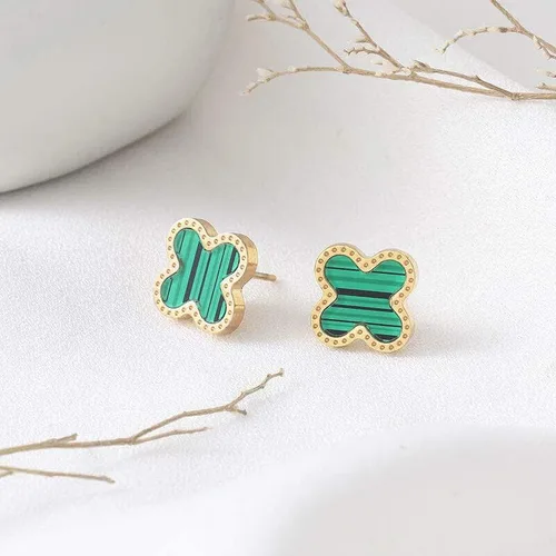 Vista 3 de Pendientes Trébol Verde, Chapado en oro amarillo, Rubí