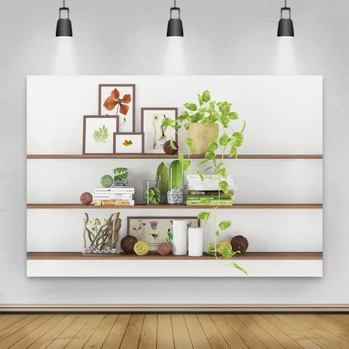 Vista 2 de Telón de fondo moderno de 5 x 3 pies para decoración de sala de estar, estantería de plantas verdes, telón de fondo de oficina