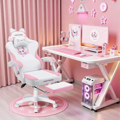 Vista 7 de HOFFREE Silla Rosa para Juegos con Orejas de Gato y Almohada Lumbar de Masaje en Forma de Nube, Silla Ergonómica Linda para Computadora para Niñas
