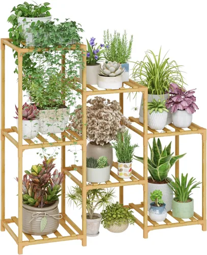 Vista 13 de Bamworld - Soporte esquinero para plantas de interior y exterior, mesa pequeña para varias plantas, estante de madera para jardín, patio, césped