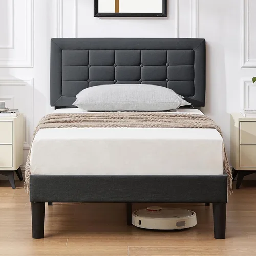 Vista 16 de VECELO Base de cama tamaño matrimonial, cabecera tapizada ajustable con botones, marco de cama resistente con soporte de listones de madera,