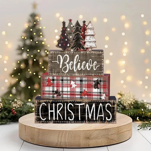 Vista 2 de DIYDEC 4 piezas de decoración de mesa de Navidad, árbol de Navidad, letrero de bloque de madera, decoración de bandeja escalonada de Navidad, pieza