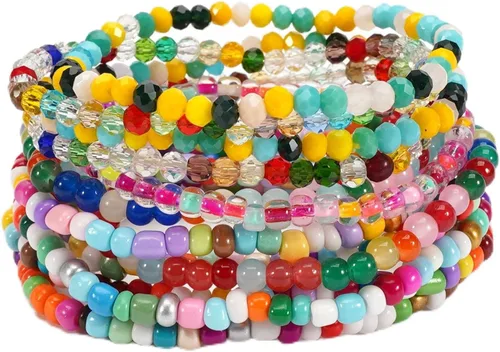 Vista 16 de Caiyao 12 pulseras apilables con cuentas de resina multicapa bohemia, pulseras elásticas de cuentas de cristal de colores, pulseras elásticas