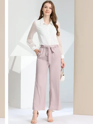 Vista 2 de Allegra K Pantalones de satén con nudo y cintura ancha para mujer
