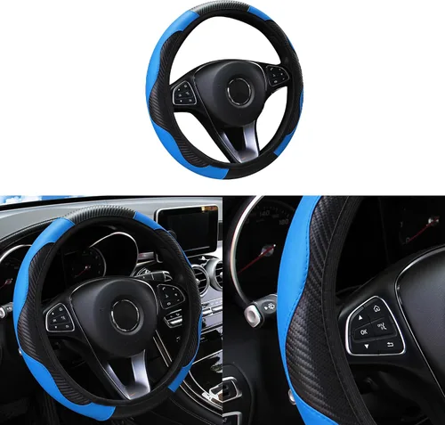 Vista 11 de Funda de volante de coche, 38 cm, de fibra de carbono, de microfibra, de PU, de cuero elástico, protector de volante antideslizante y transpirable