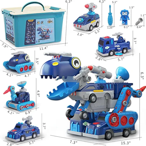 Vista 6 de Desmontar vehículo juguete magnético transformar coche dinosaurio robot construcción herramienta 5-in-1 Trucks STEM Assemble Car with Storage Box