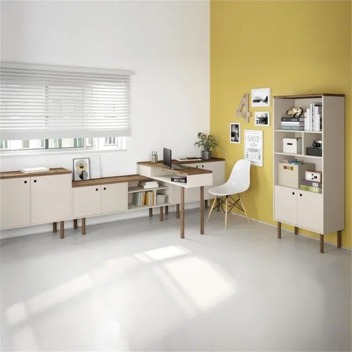Vista 8 de Manhattan Comfort Windsor - Moderno mueble para TV con estantes multimedia y patas de madera maciza, 53.54 pulgadas, color blanco hueso, naturaleza