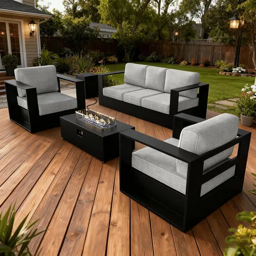 Vista 15 de LayinSun - Juego de muebles de exterior de aluminio de gran tamaño de 5 piezas con mesa auxiliar Negro/Gris oscuro