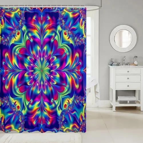 Vista 2 de Erosebridal Cortina de baño psicodélica, verde azulado, azul, morado, juego de cortina de ducha para niños y niñas, cortina de ducha exótica