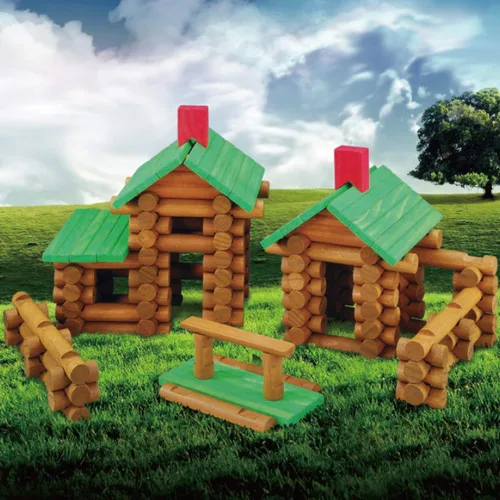Vista 4 de SainSmart Jr. Juego de 450 piezas de cabaña de madera para niños pequeños, kit de construcción clásico STEM con bloques de troncos de madera