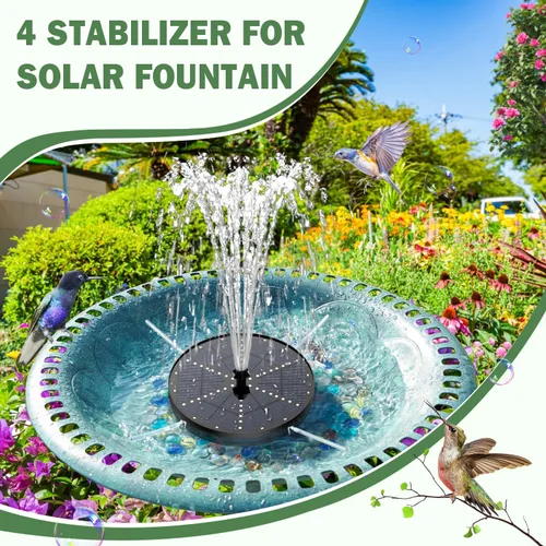 Vista 5 de Yzert Fuente solar mejorada para pájaros con 60 luces LED, bomba de fuente de agua con batería de 4000 mAh, 7 boquillas, 4 fijadores, para jardín