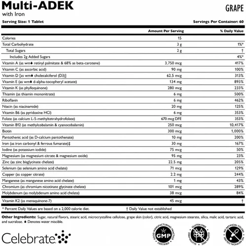 Vista 3 de Celebrate Vitamins Multi ADEK Masticables, 60 mg de hierro, multivitamínico bariátrico diario, vitaminas A, D, E, K y B12 para pacientes con cirugía