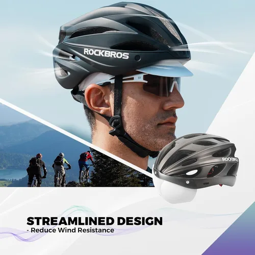 Vista 6 de ROCKBROS - Casco de bicicleta para hombres y mujeres adultos con ajuste sugerido de 58-65cm, gafas magnéticas desmontables y visera solar, ligero Ti