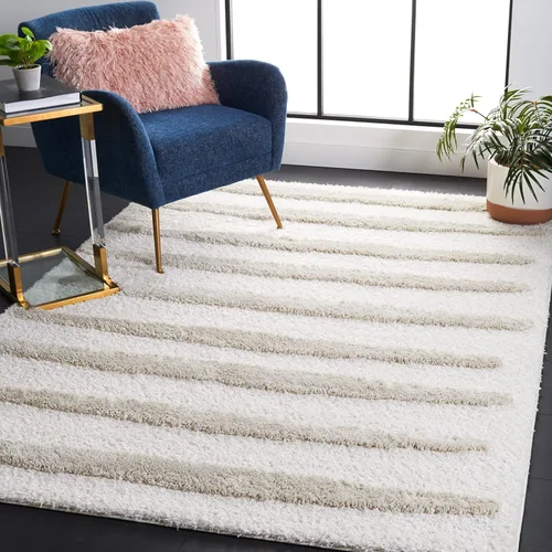 Vista 10 de SAFAVIEH Hi-Lo Shag Collection - Alfombra para pasillo, 2 pies 2 pulgadas x 8 pies, color beige, diseño moderno a rayas, no desprende pelusa