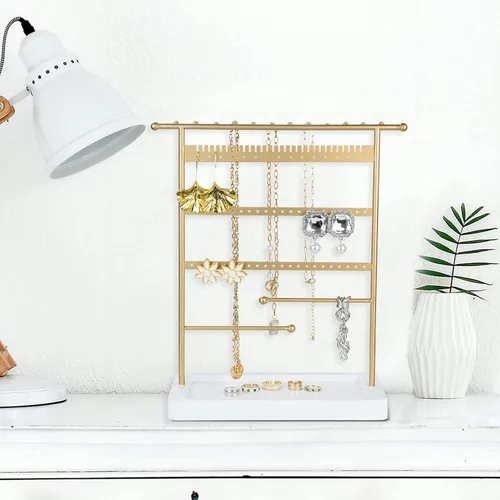 Vista 7 de SANY DAYO HOME Organizador de joyas de 6 niveles, soporte para collares, estante de torre de joyería dorado con 12 ganchos para collares, 29 muescas