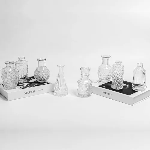 Vista 6 de Juego de 8 jarrones de cristal, pequeños jarrones para flores, mini jarrones a granel, jarrones vintage transparentes para centros de mesa, modernos