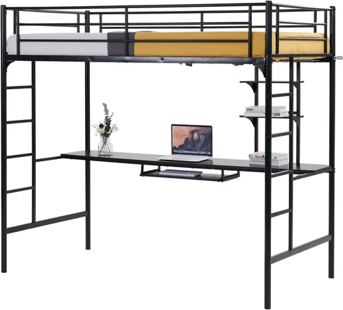 Vista 9 de Karl home - Litera de tamaño individual sobre individual en negro con 2 cajones de almacenamiento, litera de metal con escalera incorporada