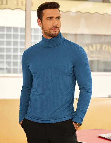 Vista 2 de COOFANDY Camisetas de manga larga con cuello alto para hombre, ajustadas, acanaladas, básicas, suéter de punto ligero