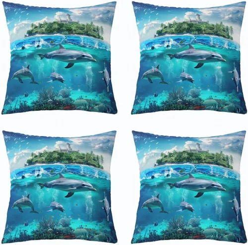 Vista 5 de jejeloiu Cortina opaca con diseño de delfín, bonita cortina de puerta de animales del océano, privacidad hawaiana, decoración de vida marina
