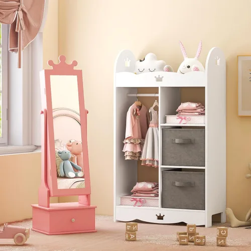 Vista 9 de Costzon Armario de joyería para niños, organizador de joyas de pie de 45 pulgadas con espejo de longitud completa, 3 cajones de almacenamiento