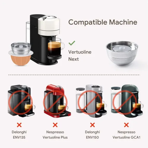 Vista 2 de Cápsulas Vertuo Reutilizables de Acero Inoxidable Compatibles con VERTUO NEXT+RECARGA+Alumin-VERTUO-Pods-80+150+230ml Cada 2 Piezas +Tamizador