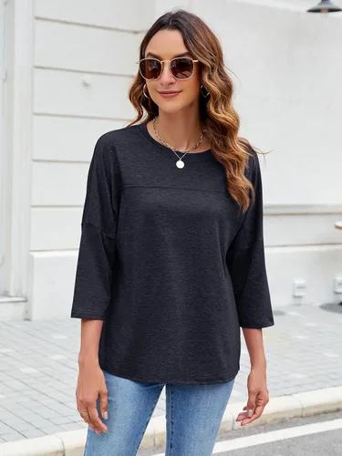Vista 48 de ZENNILO Camisetas casuales de manga 3/4 para mujer, holgadas, cuello redondo, lindas camisetas básicas