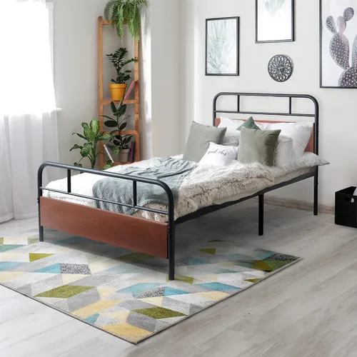 Vista 11 de CAPHAUS Base de cama de metal con cabecera y estribo de madera, plataforma de metal con marco de acero de primera calidad, base de colchón, sin