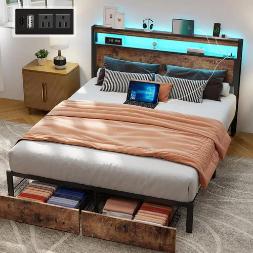 Vista 20 de SADENICEL Base de cama de tamaño matrimonial con almacenamiento, plataforma de cama de madera LED con cabecero, 2 cajones, estación de carga,