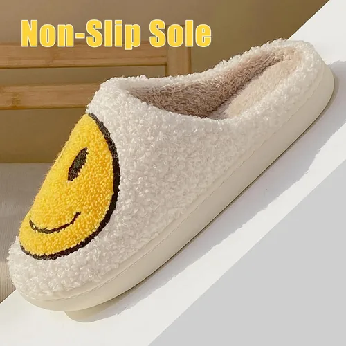 Vista 3 de Pantuflas de cara sonriente para mujeres y hombres, retro, cómodas, cálidas, suaves, mullidas, de felpa, para casa, divertidas, bonitas, sonreír