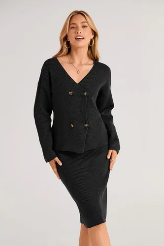 Vista 7 de PRETTYGARDEN Conjunto de 2 piezas de suéter para mujer, con cuello en V, con botones, cárdigan y falda entallada