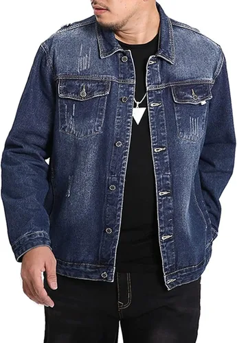 Vista 4 de JEKE-DG Chaqueta de mezclilla con capucha para hombre, estilo vintage, desgastada, estilo aviador, estilo vaquero, casual, militar, táctica