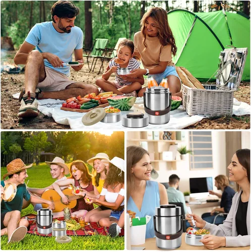 Vista 6 de Termo de 3 capas para alimentos calientes y sopa de 67 onzas con bolsa de almuerzo Sealed Stackable Stainless Steel Insulated Bento Box, Ideal for