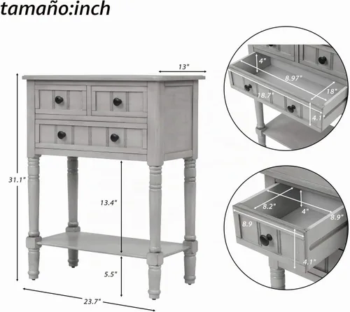 Vista 2 de Aparador de mesa de sofá de consola estrecha con 3 cajones de almacenamiento y estante inferior para sala de estar, entrada/pasillo Gris desteñido